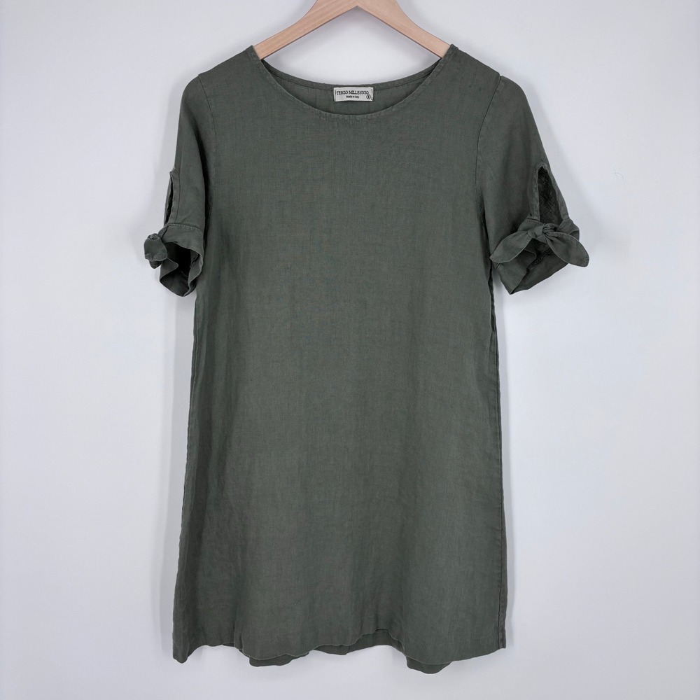 Terzo Millennio Linen Tie Sleeve Shift Mini Dress Women Size S Olive Green Italy